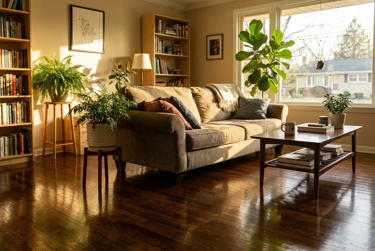 A refreshed hardwood floor catching the evening light with the furniture back in place
